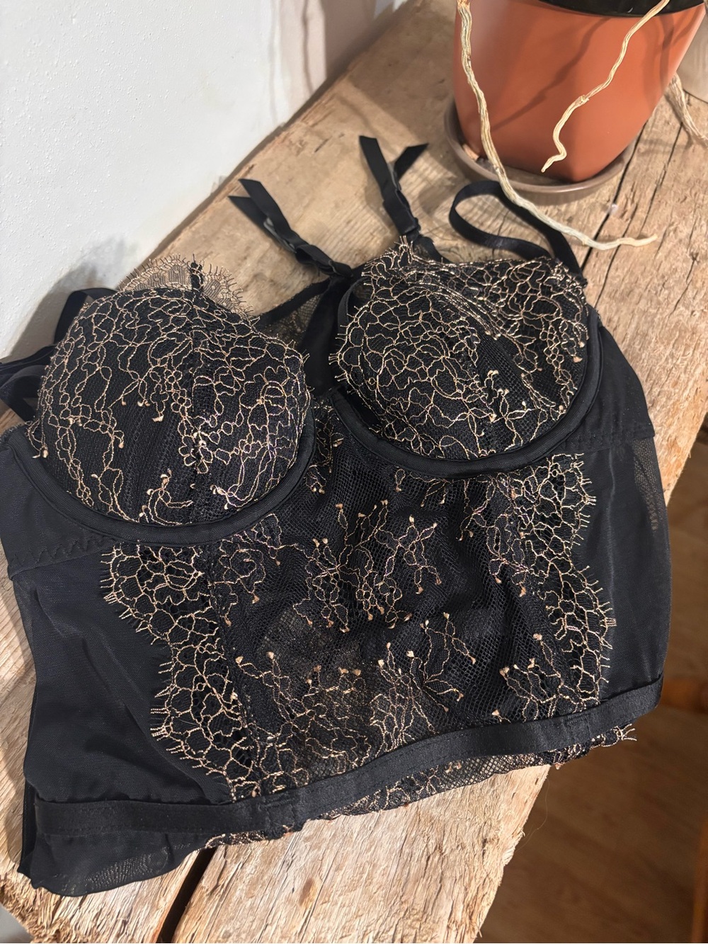 Victoria's Secret Black Longline Bralette with Gold Lace